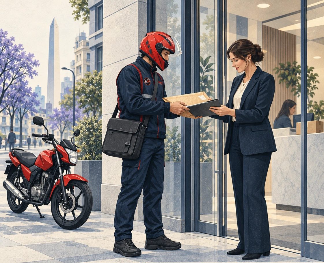 Mensajero DN entregando documentación en una oficina; su moto está junto a la entrada